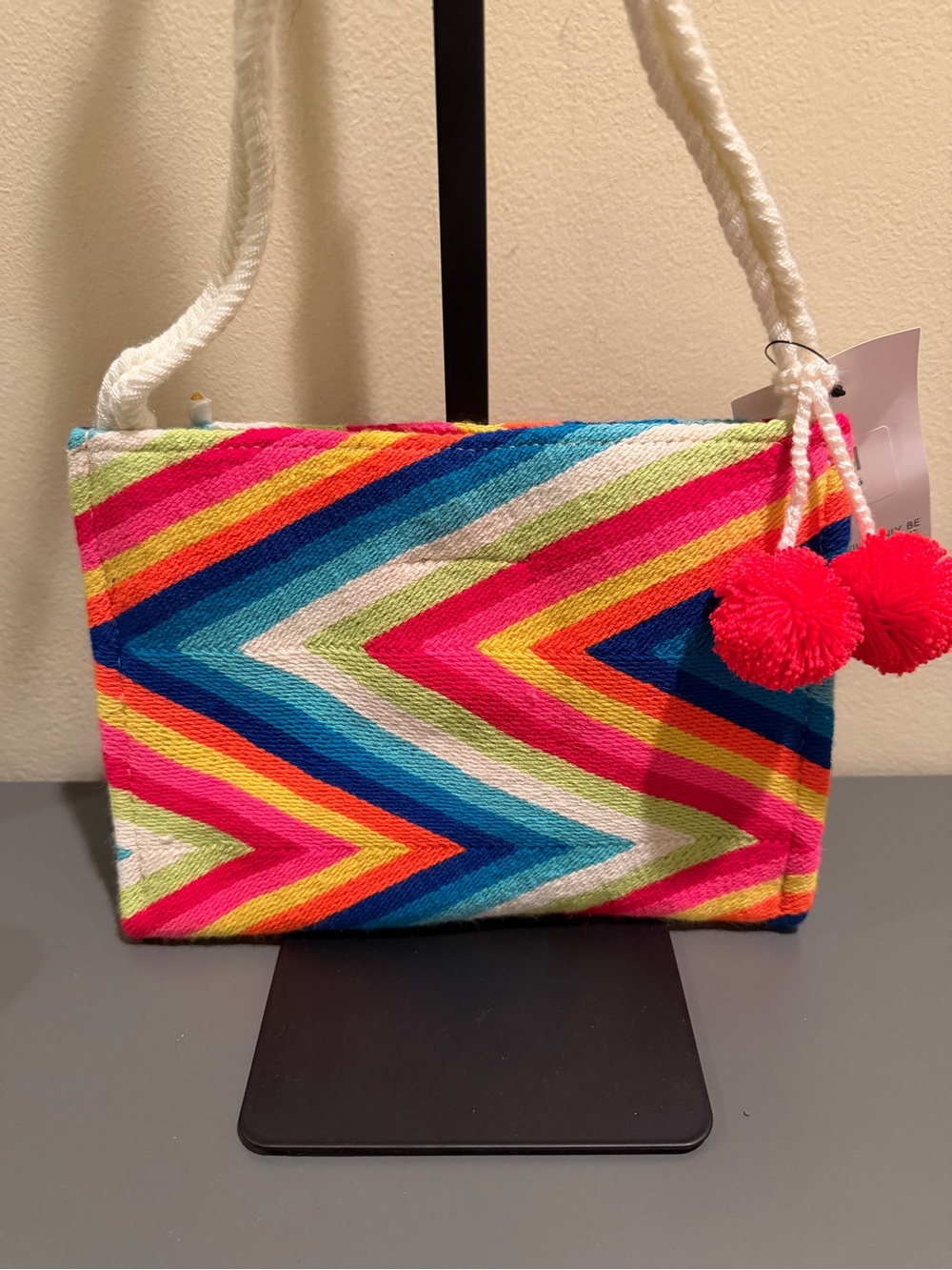 NWT Sophie Anderson Multicolor Chevron Woven Crossbody Bag Pom Poms